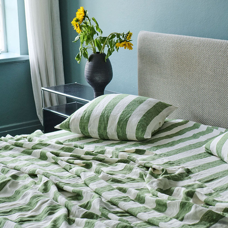 Moss Stripe Linen Fitted Sheet