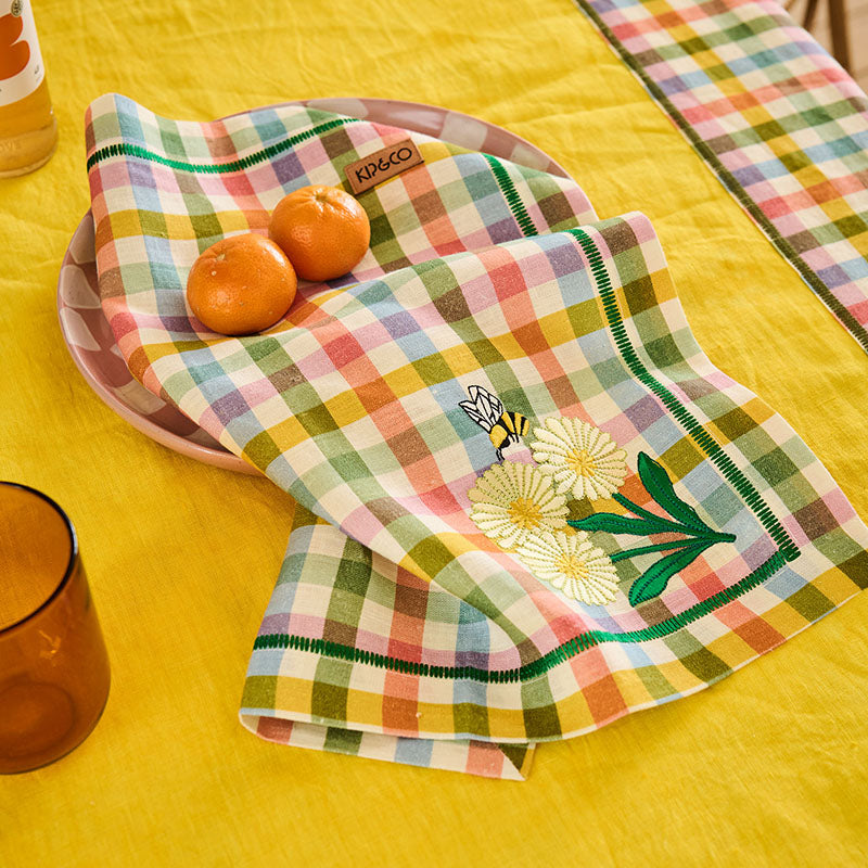 Sweet Flowers Tartan Embroidered Napkin Set of 4