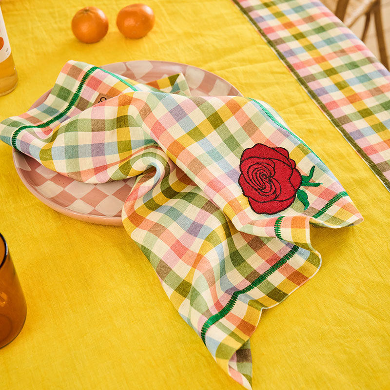 Sweet Flowers Tartan Embroidered Napkin Set of 4