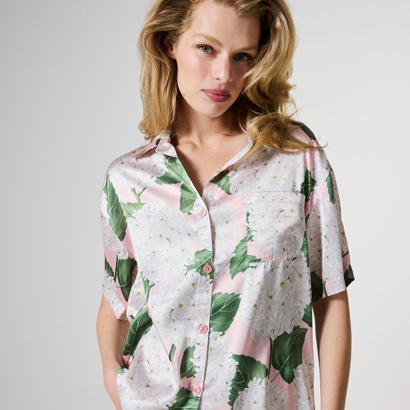 Hydrangea Pink Eco Satin Short Sleeve Shirt & Short Pyjamas
