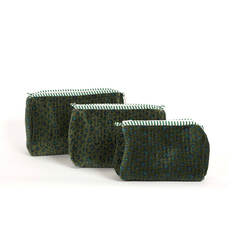 Velvet Pouches Set of 3 Leopard Green