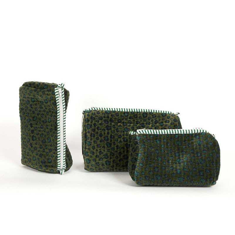 Velvet Pouches Set of 3 Leopard Green