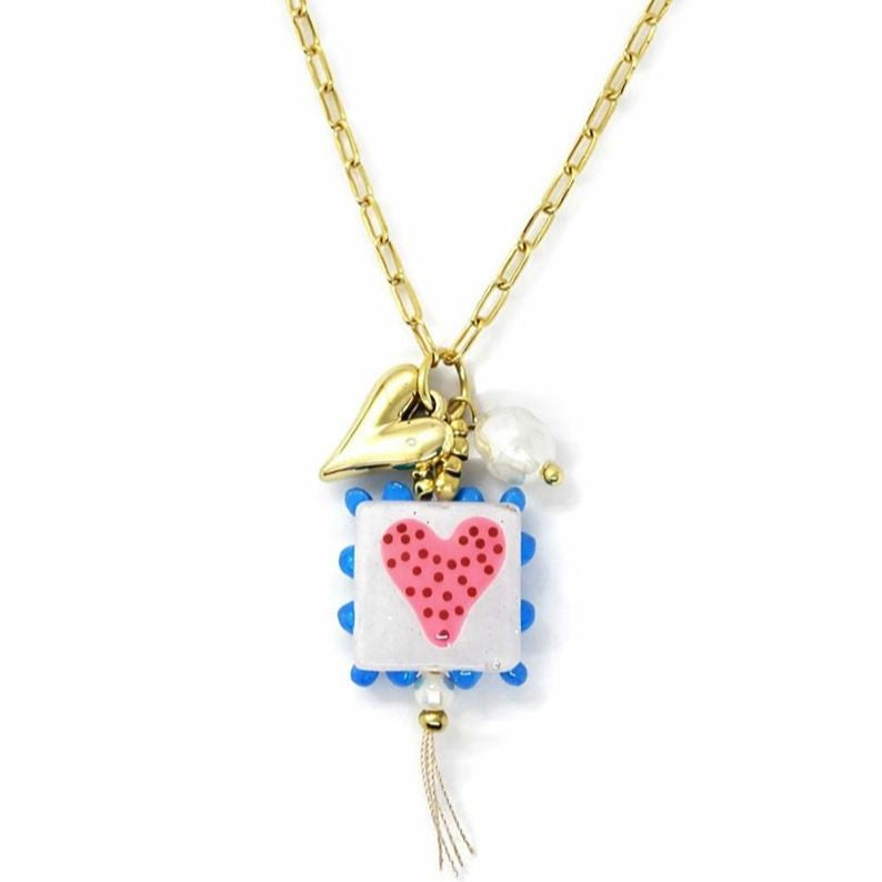 White Painted Heart Tile Necklace