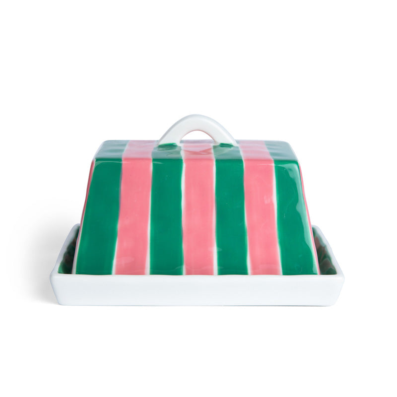Pink and Green Stripe Butter Dish