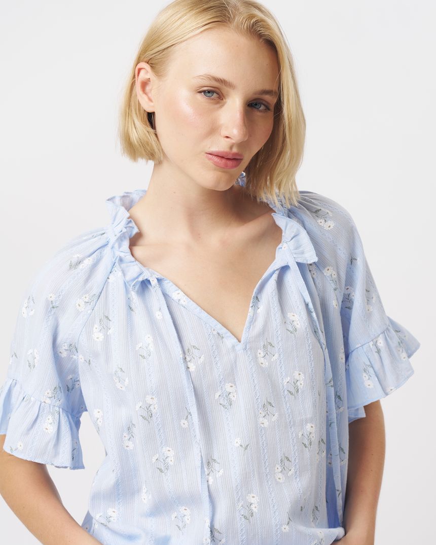 Patricia Shirt Powder Blue/White & Green  Flower