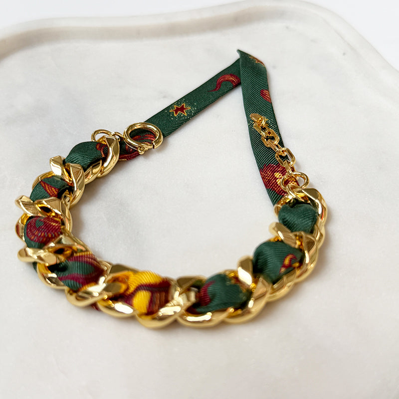 Decembre Gold Bracelet with 1cm Astrologie Green Silk Twill