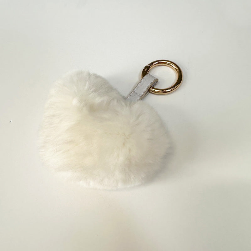Heart Shaped Fur Bag Charm Key Ring White