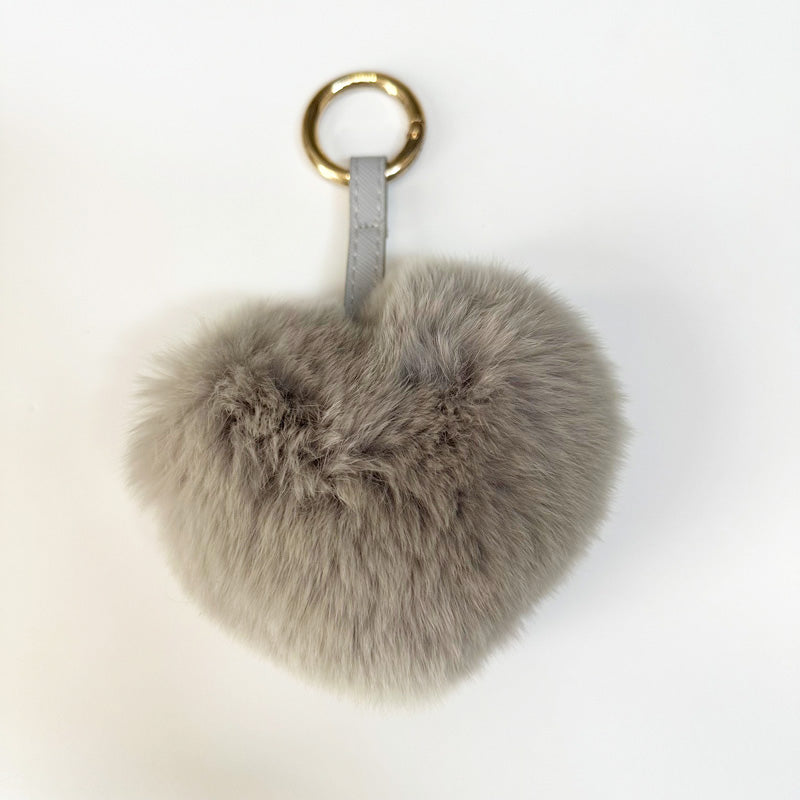Heart Shaped Fur Bag Charm Key Ring Grey