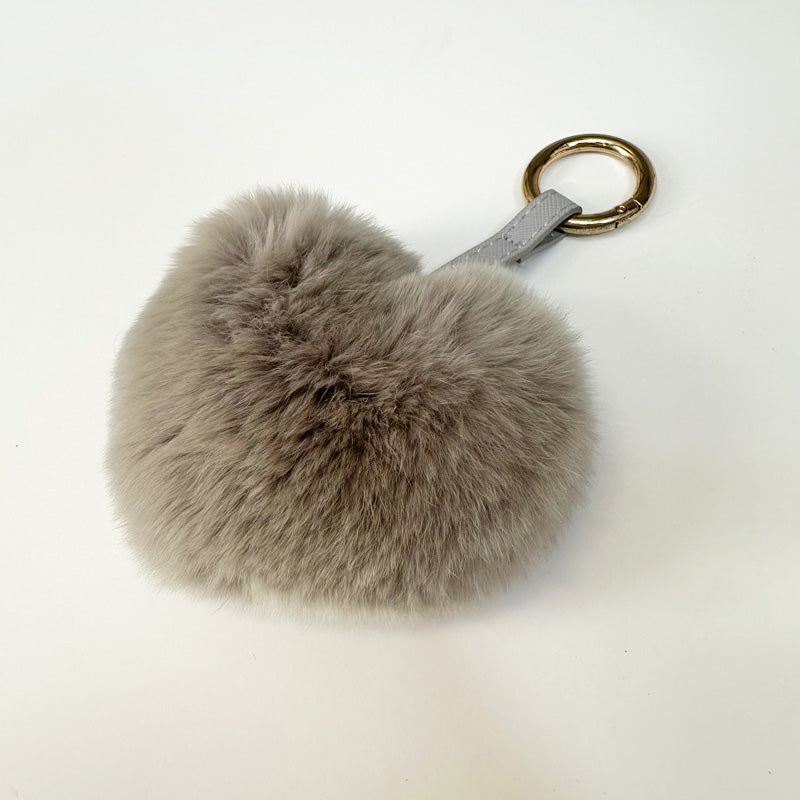 Heart Shaped Fur Bag Charm Key Ring Grey