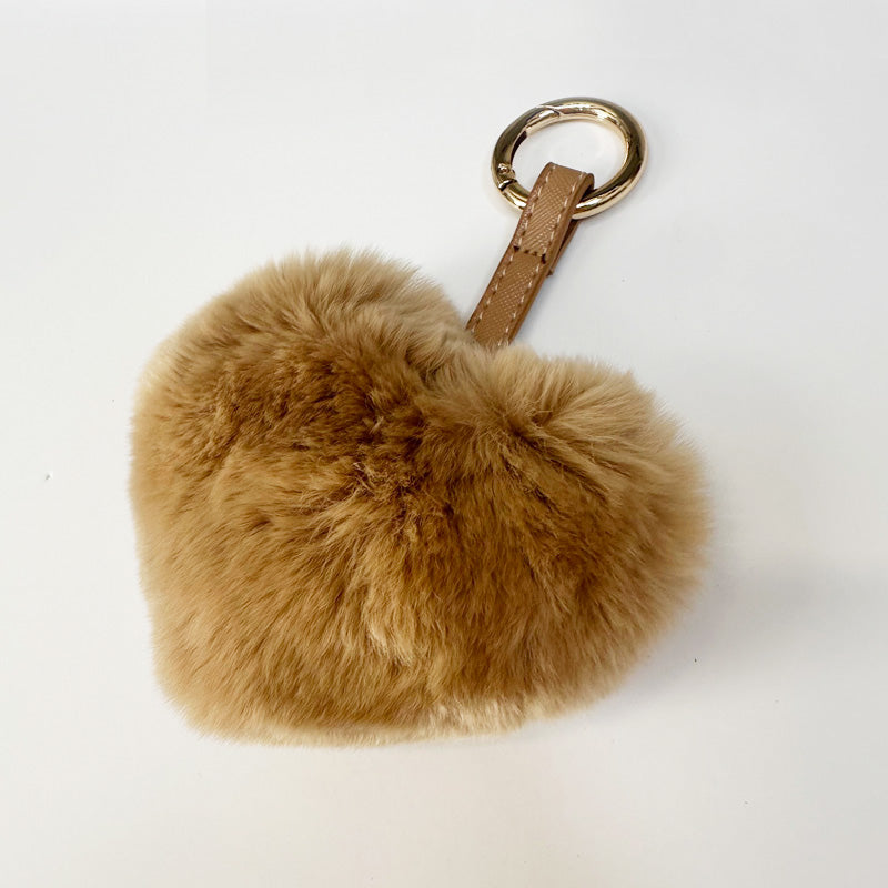 Heart Shaped Fur Bag Charm Key Ring Brown