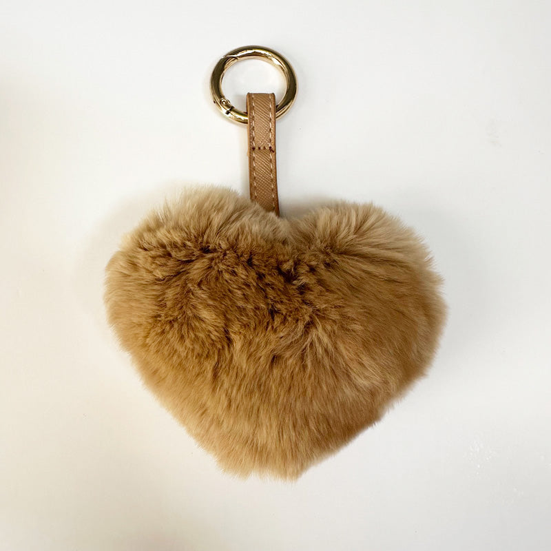 Heart Shaped Fur Bag Charm Key Ring Brown