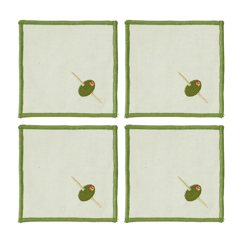 Olive Cotton Embroidered Coasters Set of 4