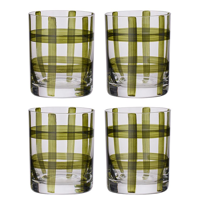 Max Check Glass Tumblers Set of 4 Olive Green