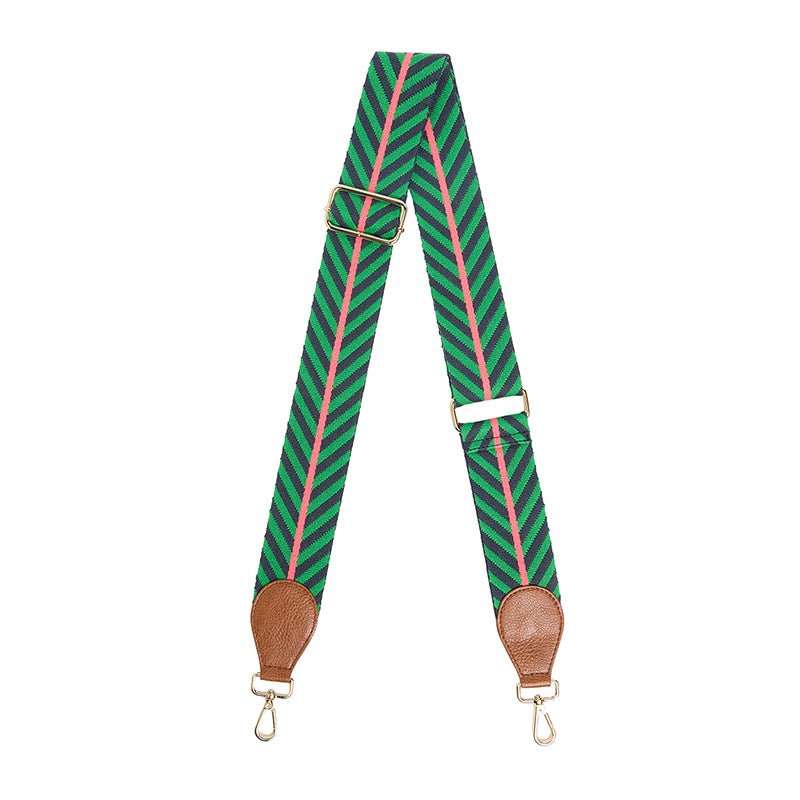 Find Accent Bag Strap Tan with Green/Navy Chevron - Elms + King at Bungalow Trading Co.