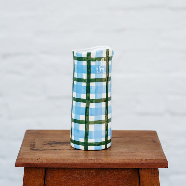 Find Blue and Emerald Green Gingham Medium Vase - Noss at Bungalow Trading Co.