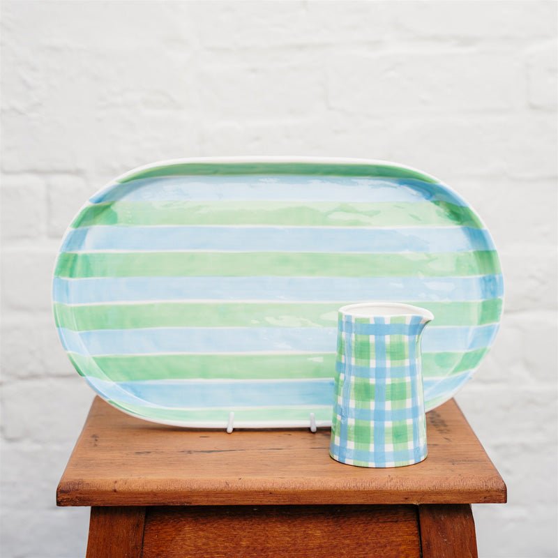 Find Blue and Mint Green Stripes Oval Platter - Noss at Bungalow Trading Co.