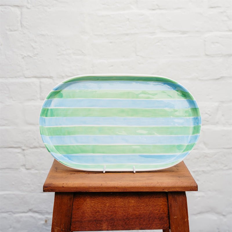 Find Blue and Mint Green Stripes Oval Platter - Noss at Bungalow Trading Co.