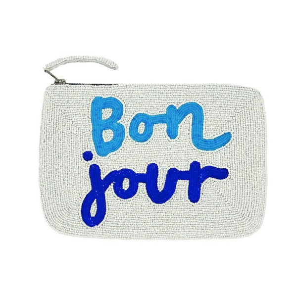 Find Bonjour White/Blue Beaded Clutch - The Jacksons at Bungalow Trading Co.