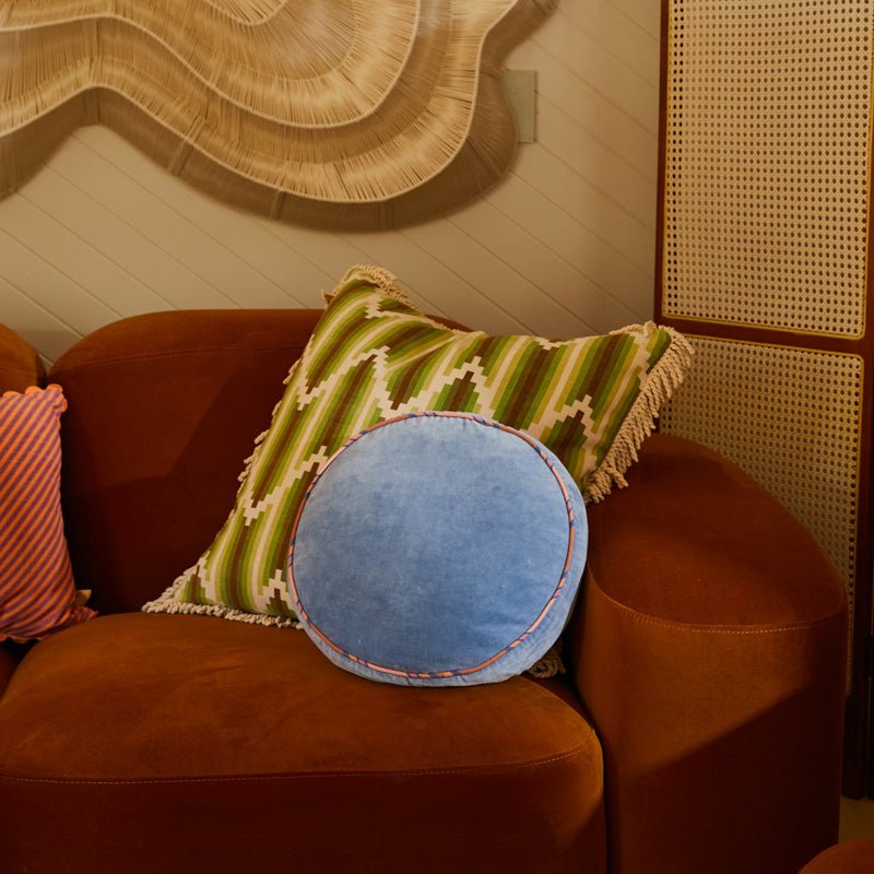 Find Castilo Round Velvet Cushion Blue Jean - Sage & Clare at Bungalow Trading Co.