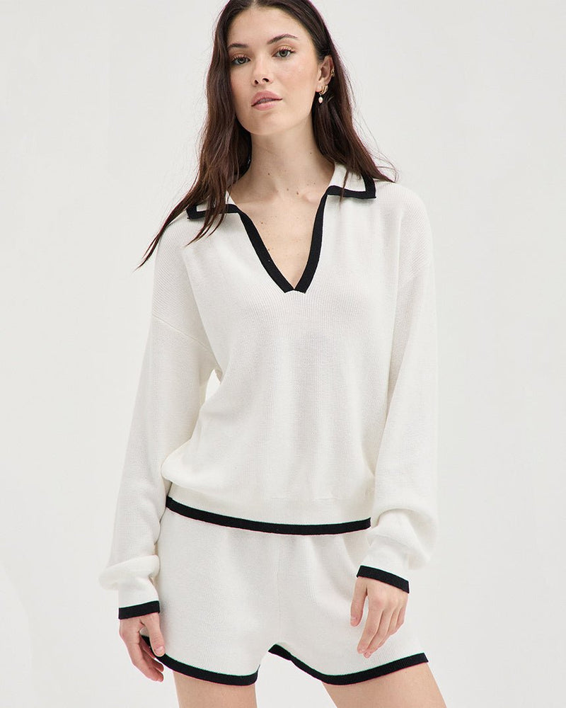 Find Contrast Polo Knit White/Black - Holiday Shop at Bungalow Trading Co.