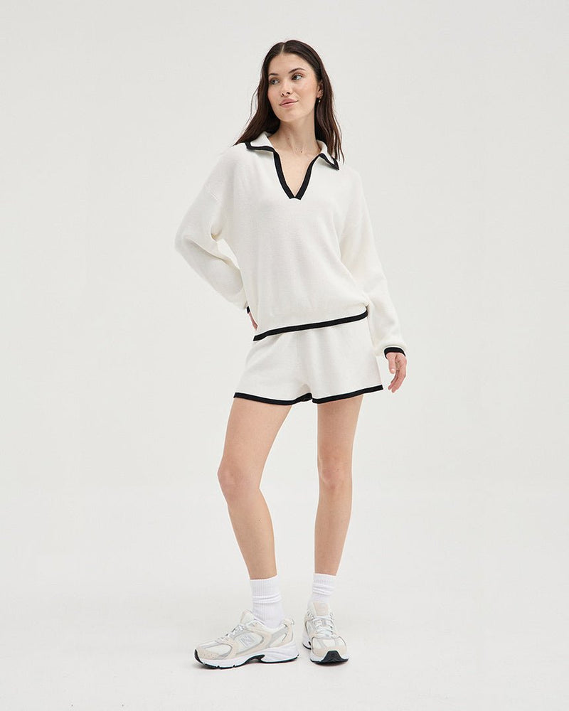 Find Contrast Polo Knit White/Black - Holiday Shop at Bungalow Trading Co.