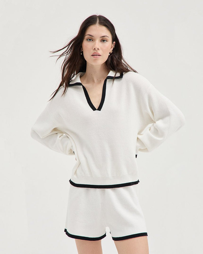 Find Contrast Polo Knit White/Black - Holiday Shop at Bungalow Trading Co.