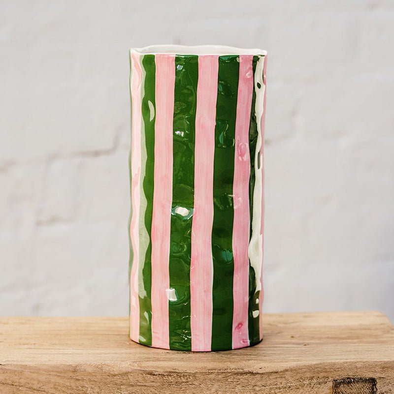 Find Dark Green and Pink Stripe Vase Large - Noss at Bungalow Trading Co.