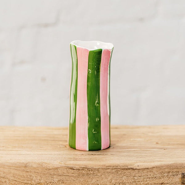 Find Dark Green and Pink Stripe Vase Small - Noss at Bungalow Trading Co.