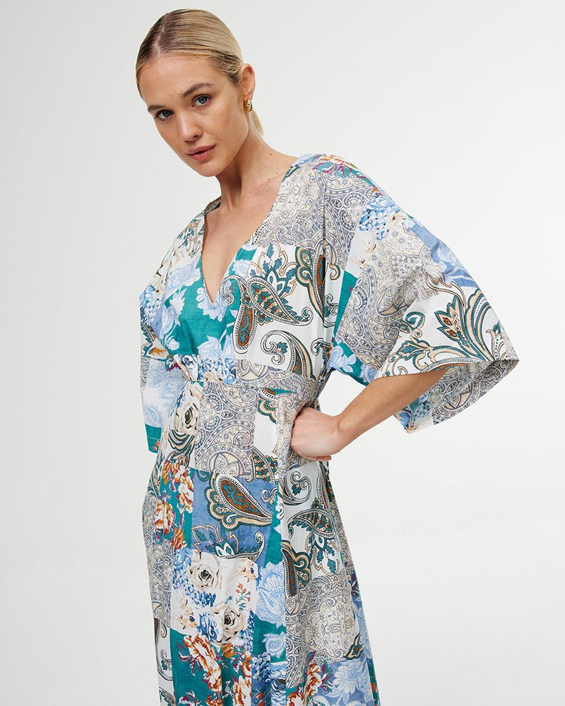 Find Ellis Dress Cyan Patchwork - Kinney at Bungalow Trading Co.