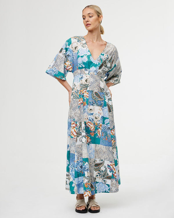 Find Ellis Dress Cyan Patchwork - Kinney at Bungalow Trading Co.