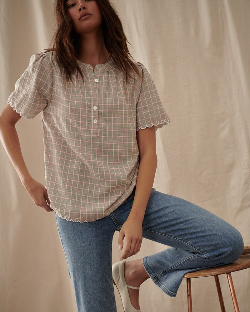 Find Eloise Top Pink Check - Kireina at Bungalow Trading Co.