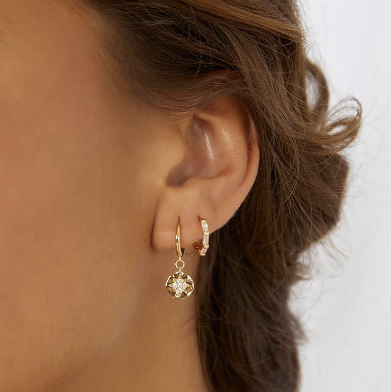 Find Estrella Gold & Zircon Hoop Huggie Earrings - Arms of Eve at Bungalow Trading Co.