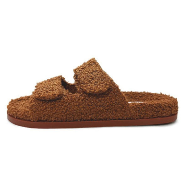 Find Evu Caramel Fleece Slides - Freedom Moses at Bungalow Trading Co.