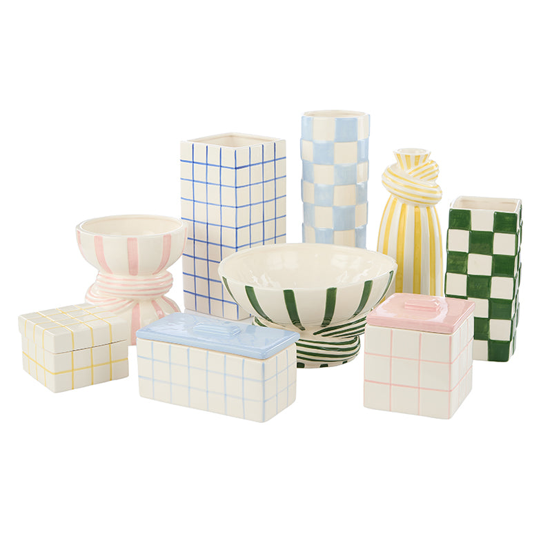 Lulu Ceramic Check Round Vase Light Blue