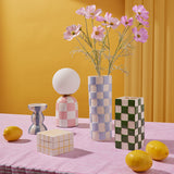 Lulu Ceramic Check Round Vase Light Blue
