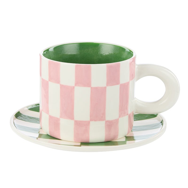 Check Mug & Plate Set Pink/Green