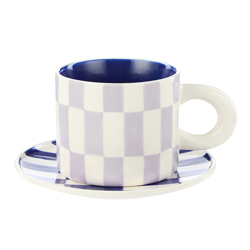 Check Mug & Plate Set Lilac/Navy