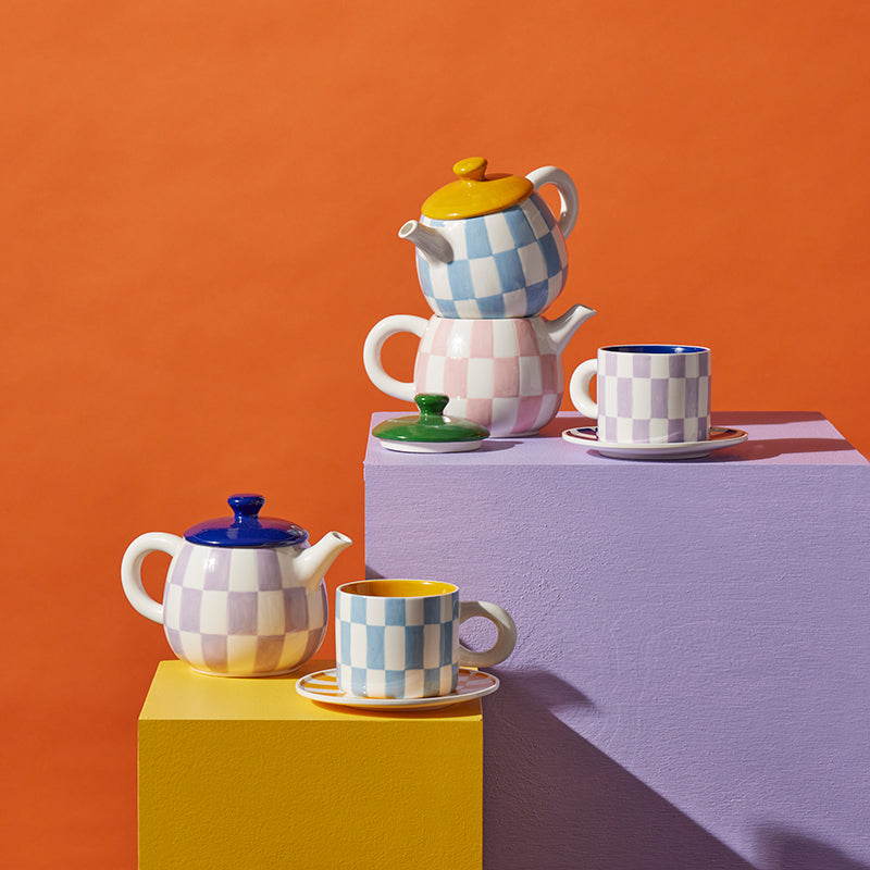 Check Mug & Plate Set Blue & Orange