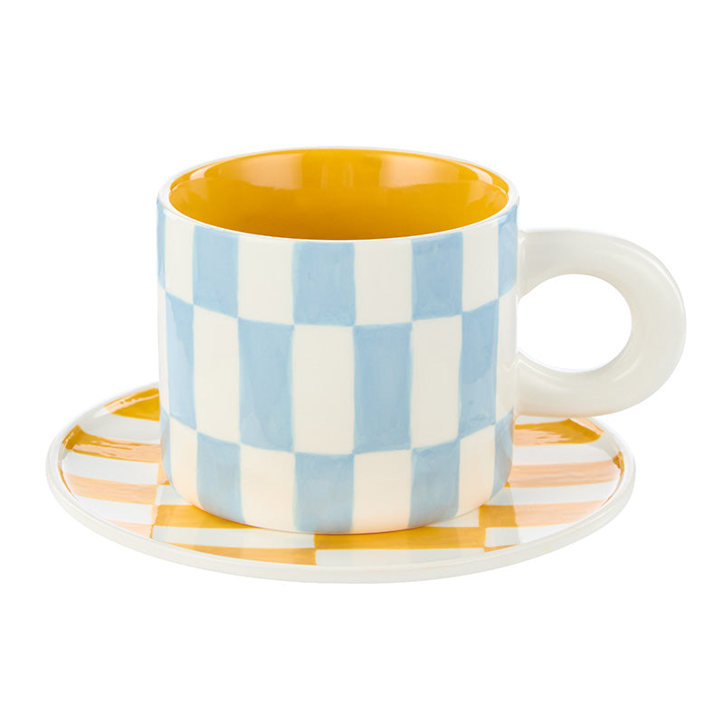 Check Mug & Plate Set Blue & Orange