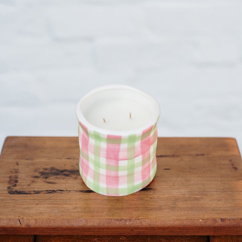 Find Japanese Honeysuckle Pink & Green Gingham Candle Large - Noss at Bungalow Trading Co.