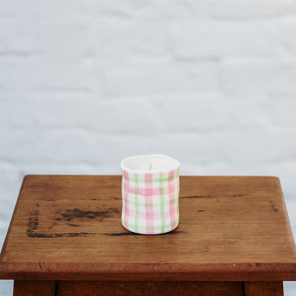 Find Japanese Honeysuckle Pink & Green Gingham Candle Medium - Noss at Bungalow Trading Co.