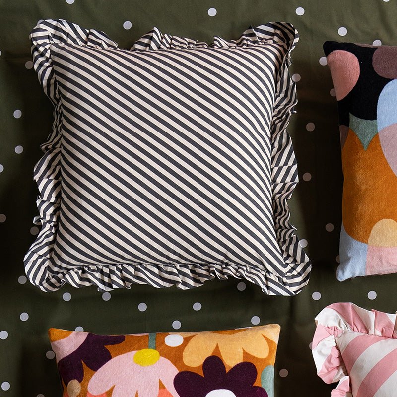 Find Licorice Stripe Ruffle Cushion - Castle at Bungalow Trading Co.