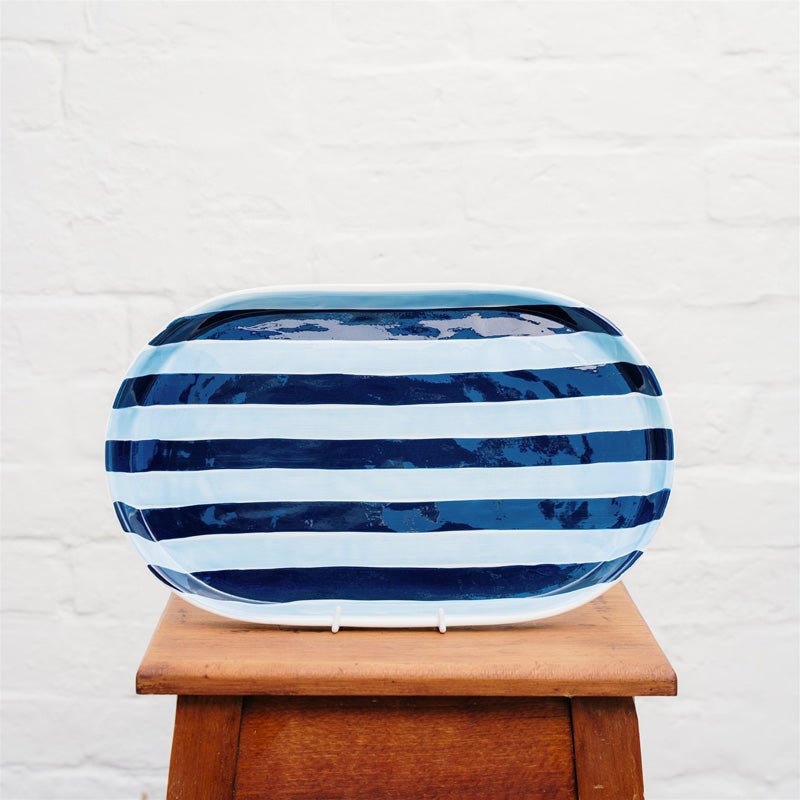 Find Navy and Cornflower Blue Stripes Oval Platter - Noss at Bungalow Trading Co.