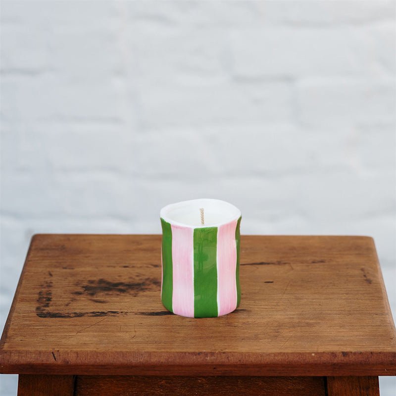 Find Orange Blossom Pink & Green Stripe Candle Medium - Noss at Bungalow Trading Co.
