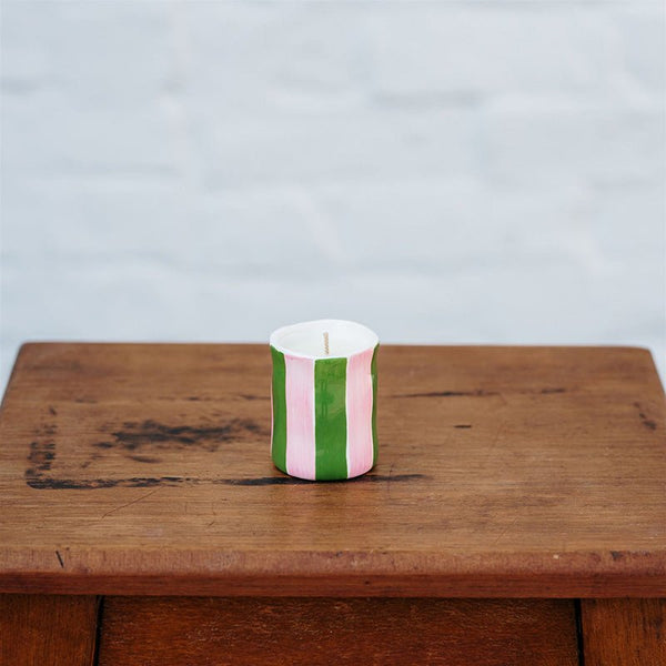 Find Orange Blossom Pink & Green Stripe Candle Small - Noss at Bungalow Trading Co.