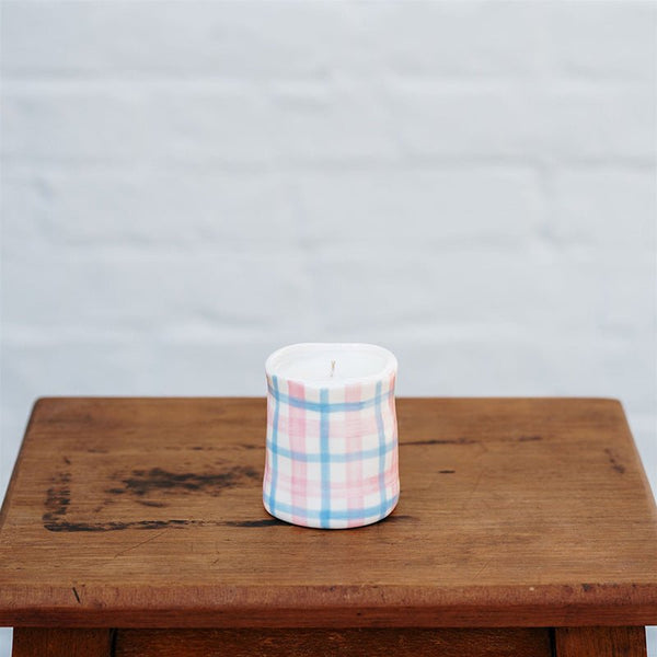 Find Peony Pink & Blue Gingham Candle Medium - Noss at Bungalow Trading Co.