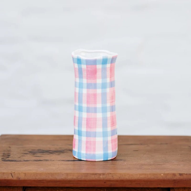 Find Pink and Cornflower Blue Gingham Vase Small - Noss at Bungalow Trading Co.