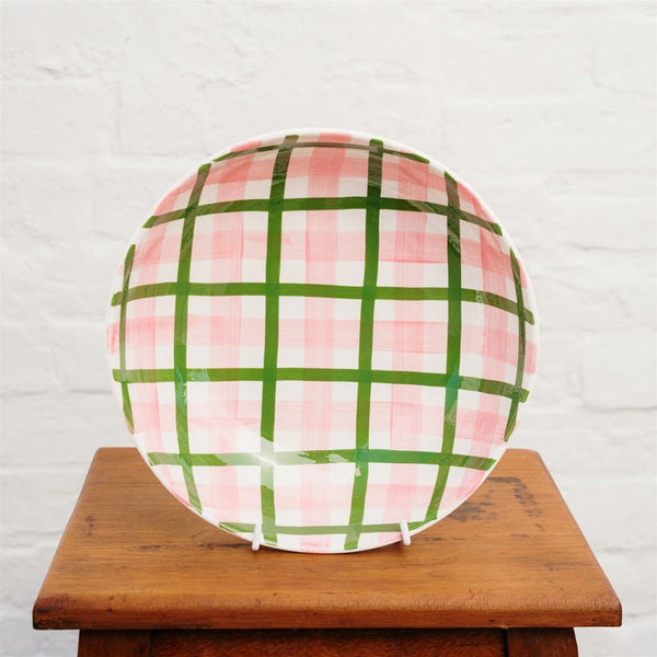 Find Pink and Dark Green Gingham Salad Bowl - Noss at Bungalow Trading Co.