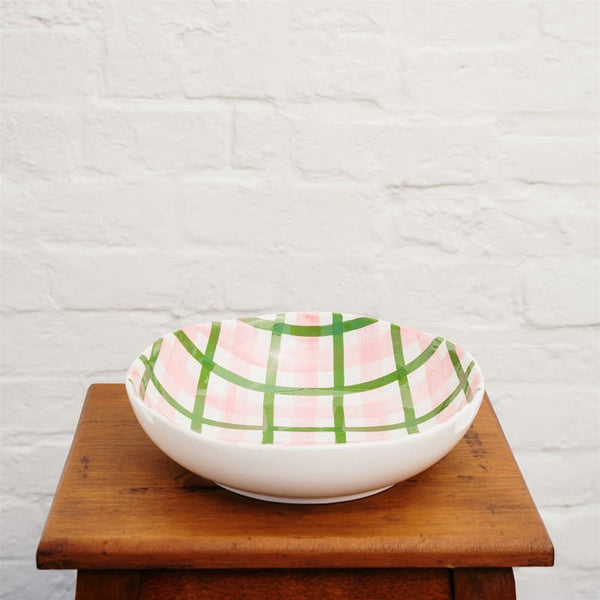 Find Pink and Dark Green Gingham Salad Bowl - Noss at Bungalow Trading Co.