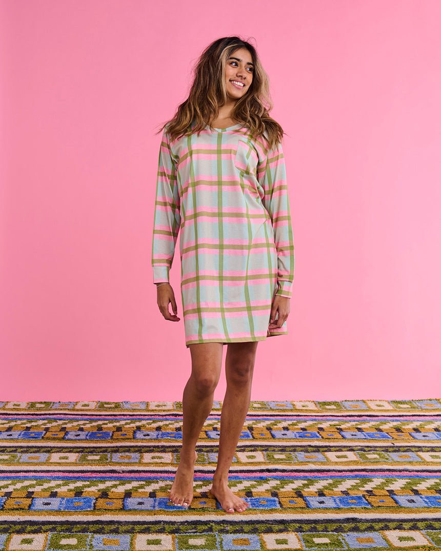 Find Pistachio Tartan Cotton Long Sleeve Nightie - Kip & Co at Bungalow Trading Co.